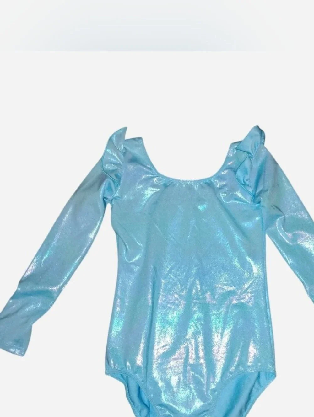 New NWT Girls Light Blue Metallic Shimmer Long Sleeve Leotard Ruffle Shoulder